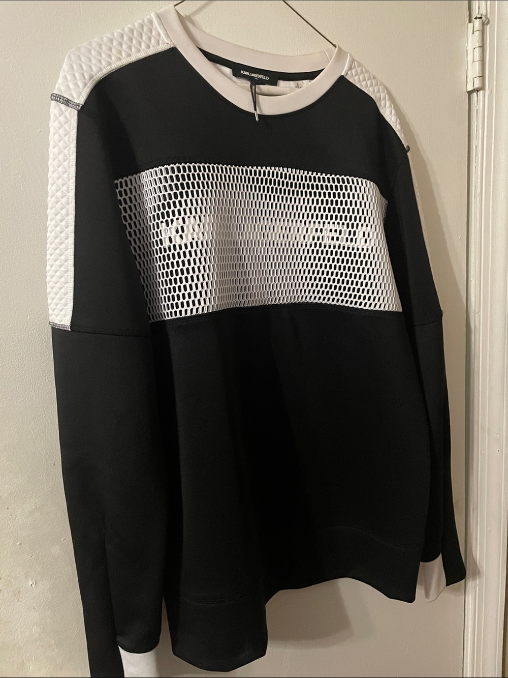 Karl Lagerfeld Black and White Crewneck Sweater with Mesh Panel